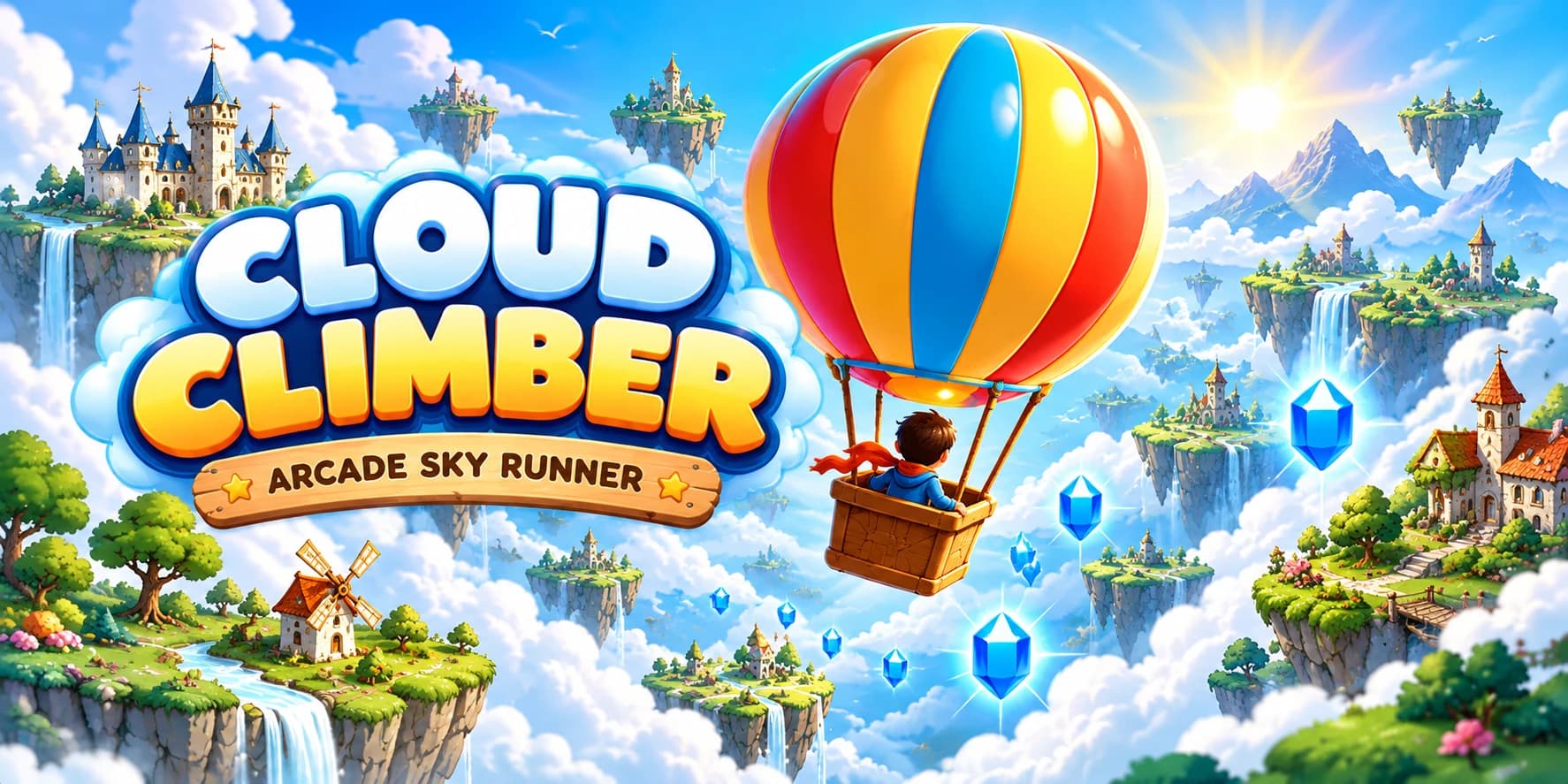Cloud Climber feature art: balloon ascending among floating castles and sparkling gems