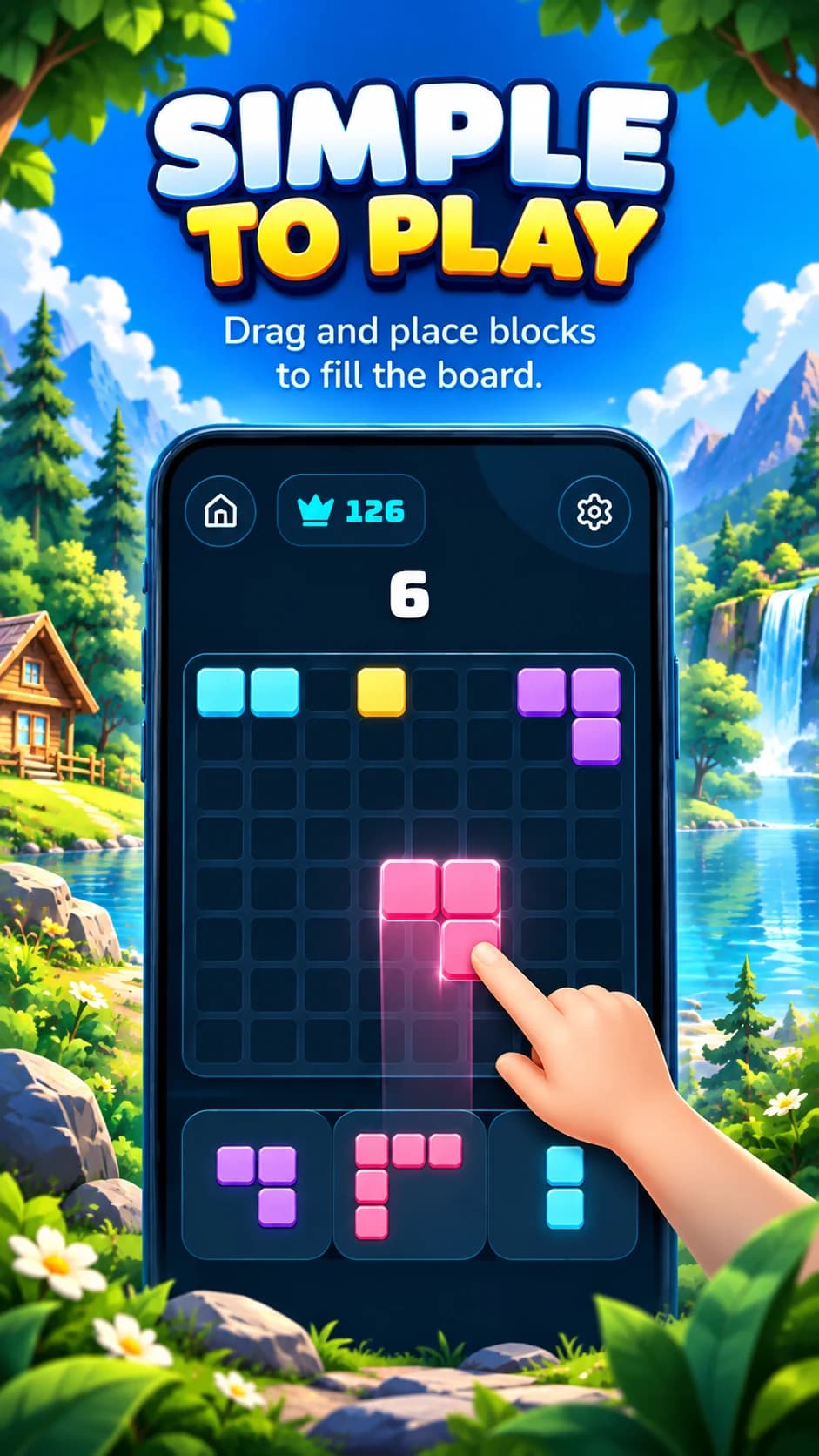 Cloud Climber promotional game art with balloon collecting gems above floating islands