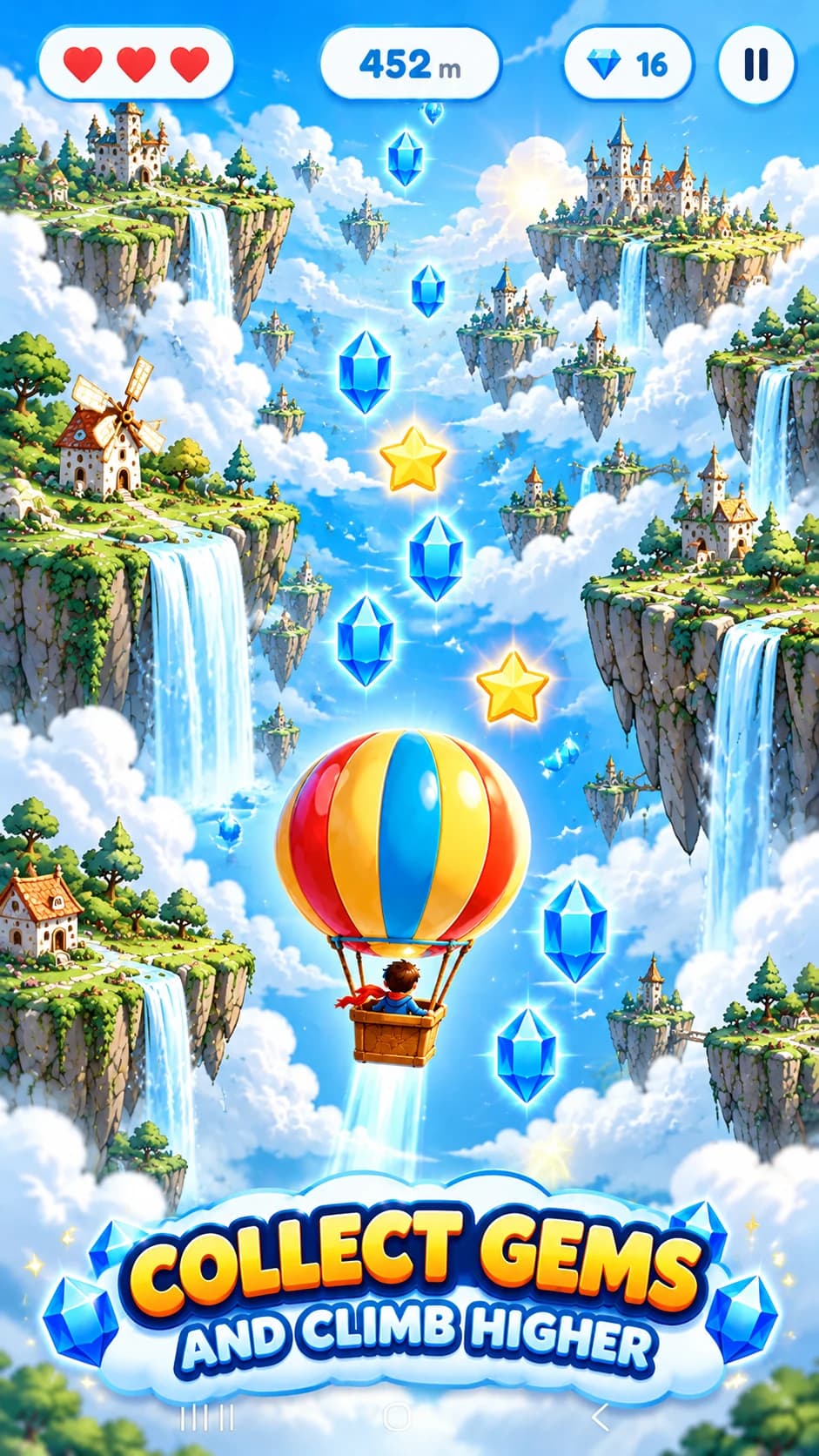 Cloud Climber art: protected balloon navigating mines and fiery meteors