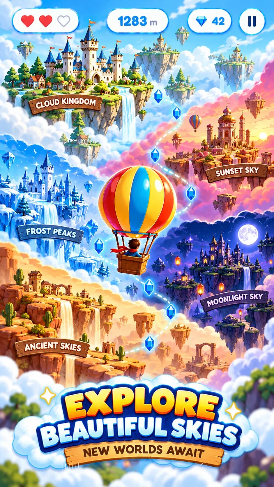 Cloud Climber colorful home screen promotional artwork with start flight button